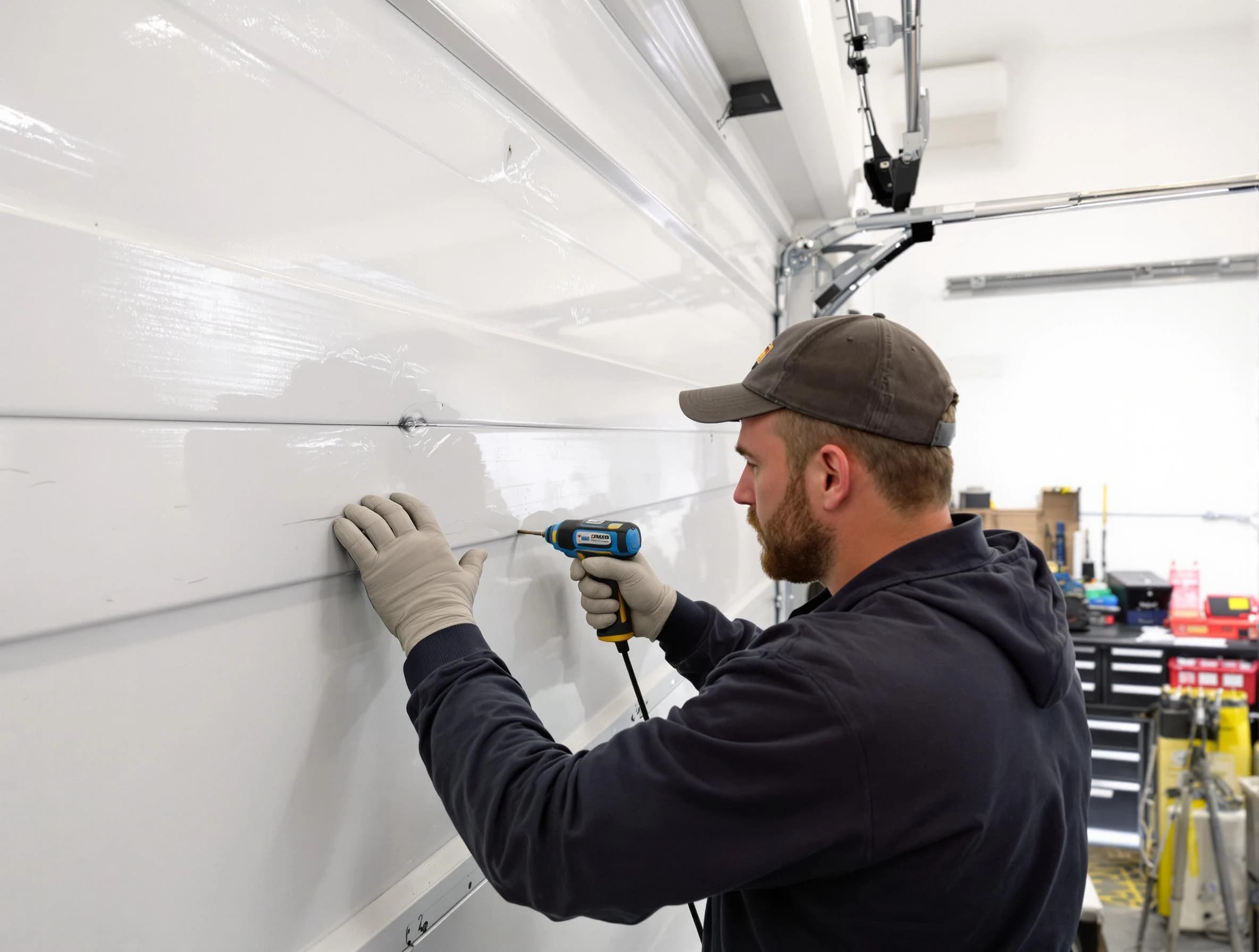 Redan Garage Door Repair technician demonstrating precision dent removal techniques on a Redan garage door